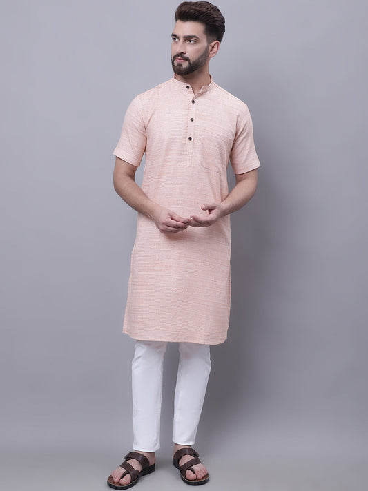 Even Apparels Peach Pure Cotton Short Sleeves Kurta With Band Collar | Swadesiicart