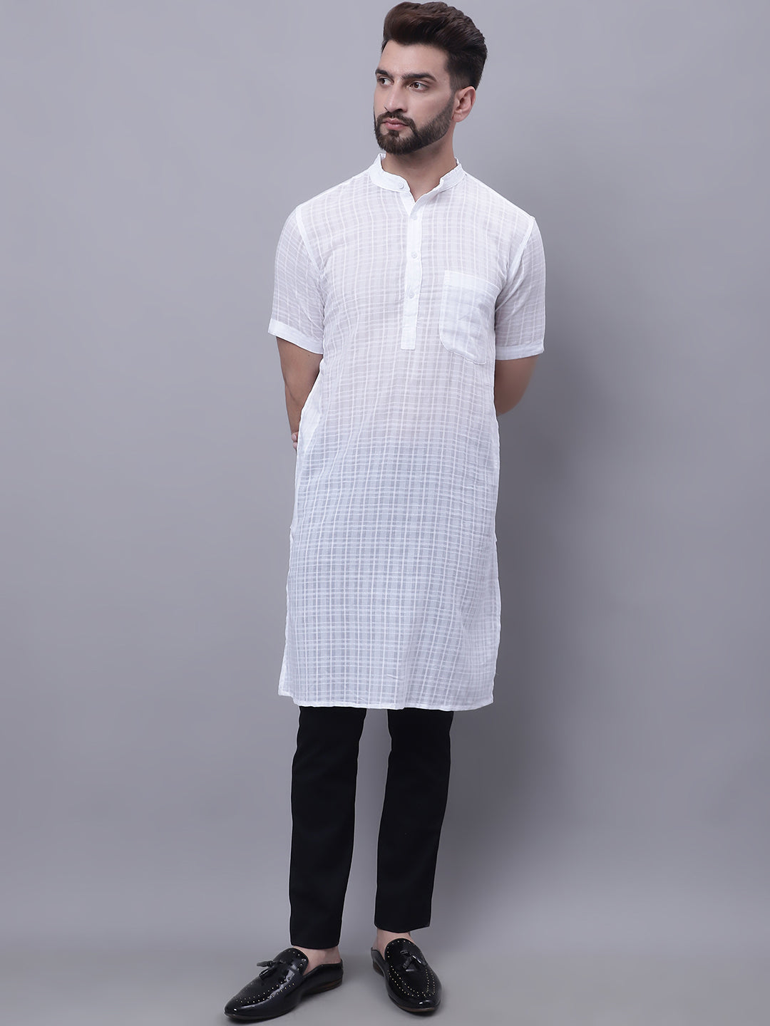 Even Apparels White Pure Cotton Short Sleeves Kurta With Band Collar | Swadesiicart