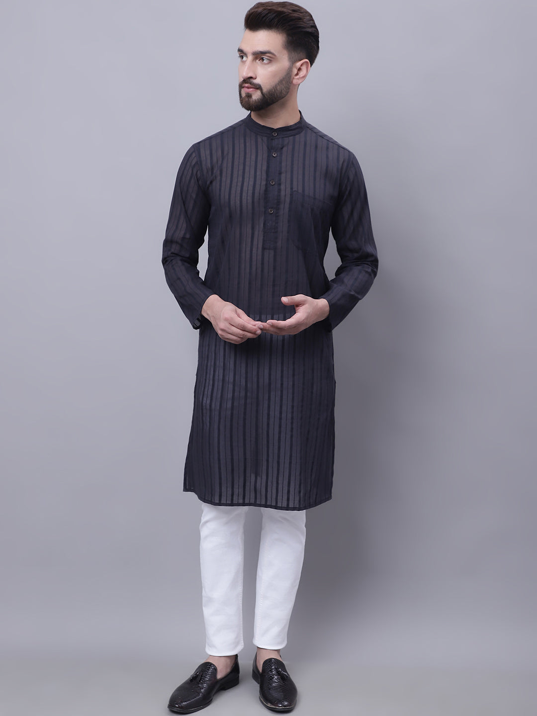 Even Apparels Black Pure Cotton Kurta With Band Collar | Swadesiicart