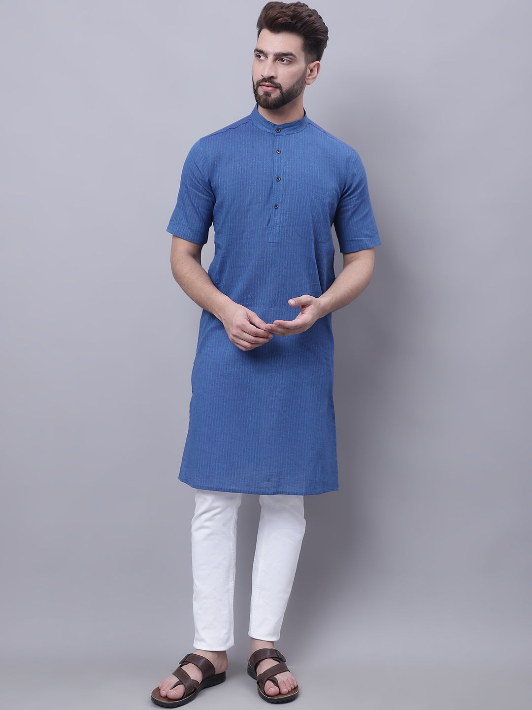Even Apparels Blue Pure Cotton Short Sleeves Kurta With Band Collar | Swadesiicart