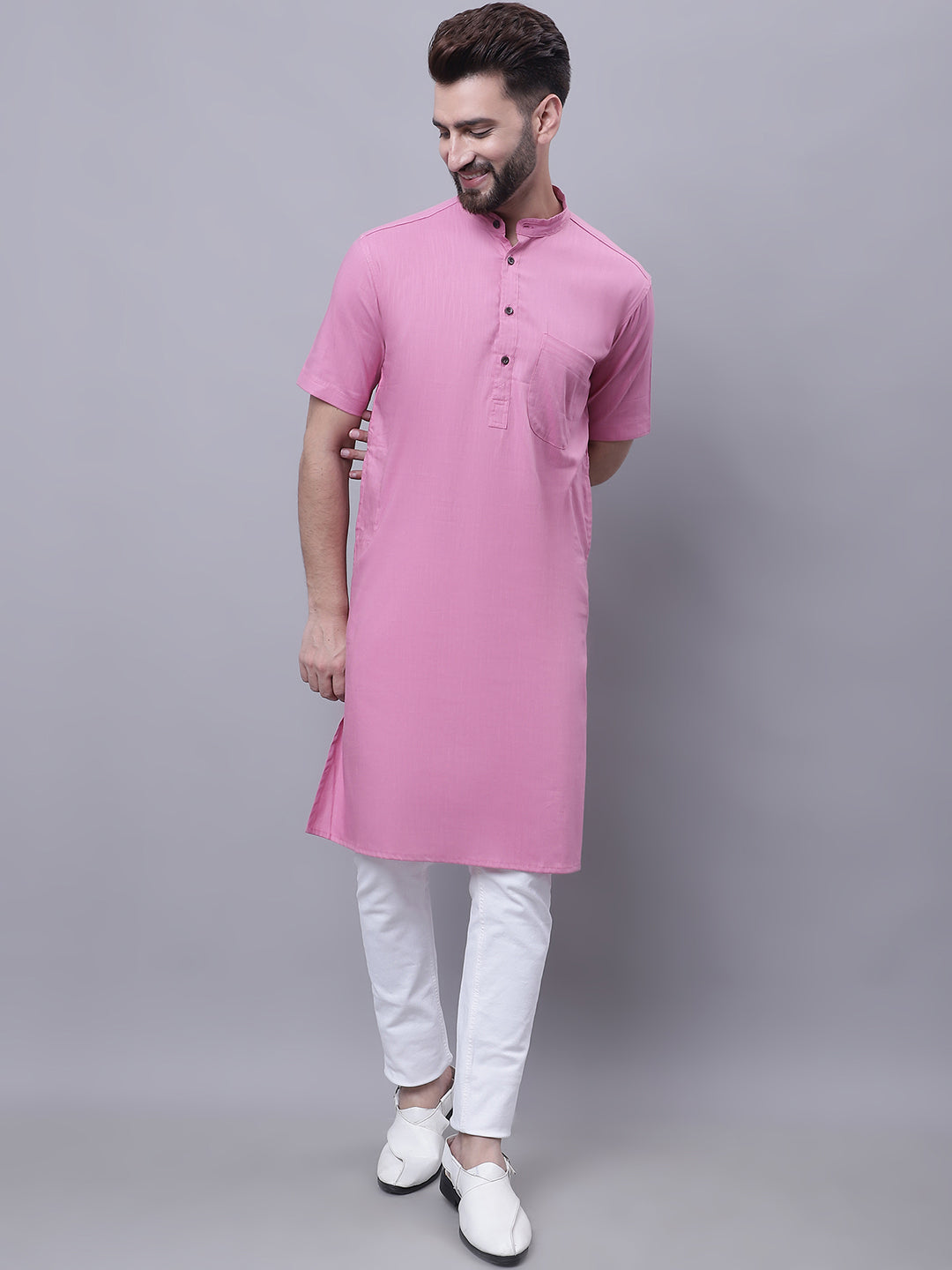 Even Apparels Pink Pure Cotton Short Sleeves Kurta With Band Collar | Swadesiicart