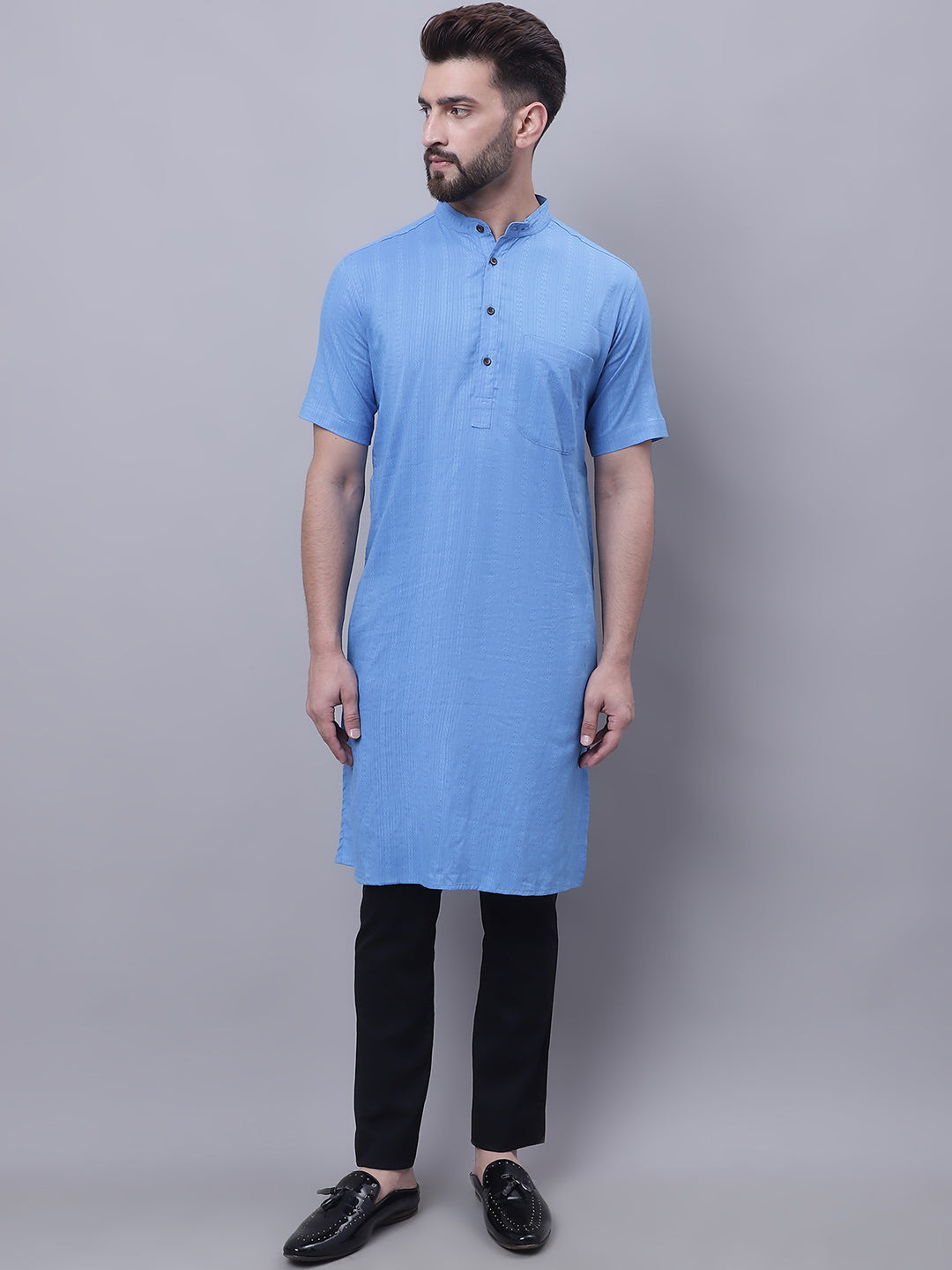 Even Apparels Blue Pure Cotton Short Sleeves Kurta With Band Collar | Swadesiicart