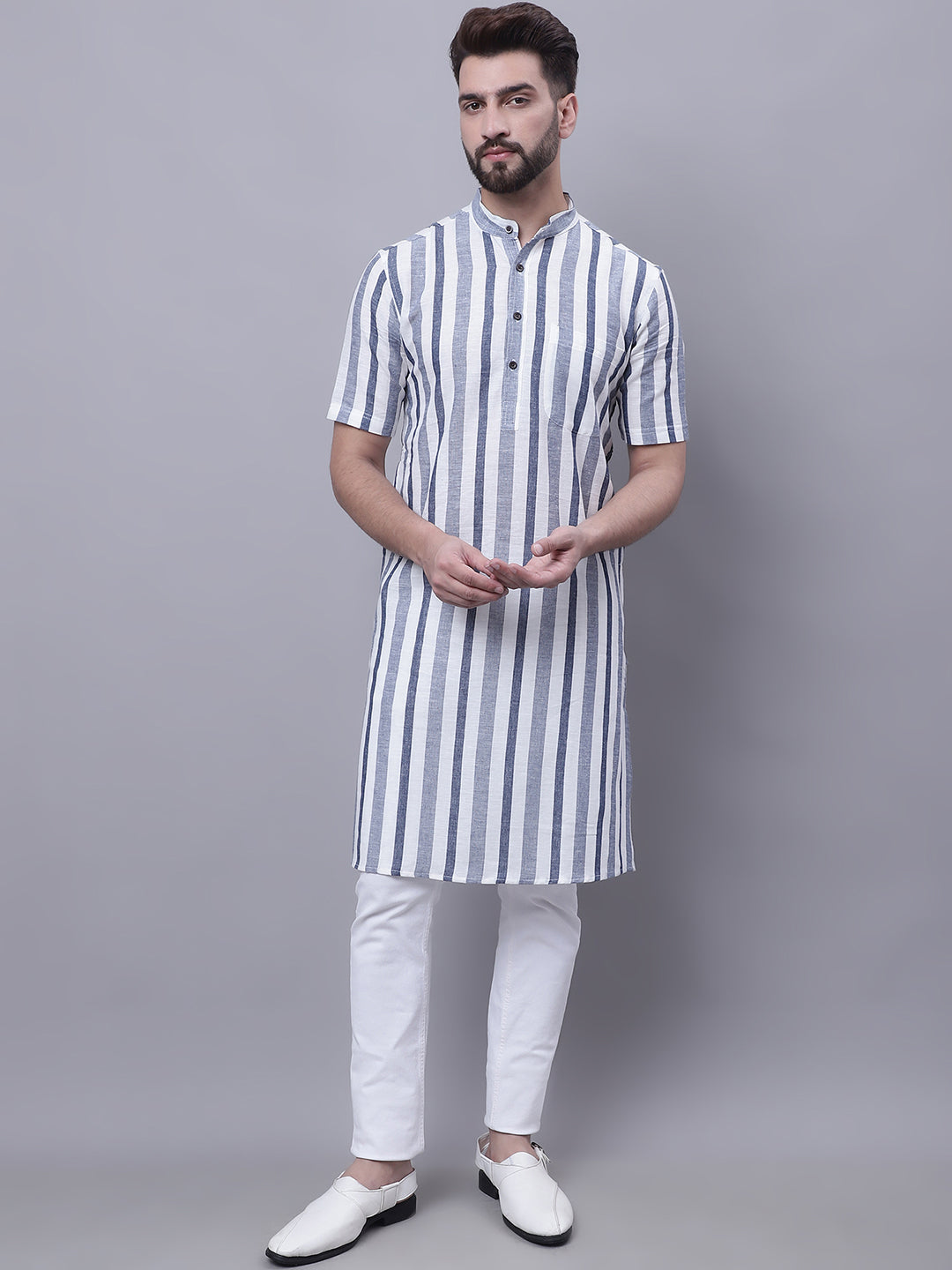 Even Apparels Grey Pure Cotton Short Sleeves Kurta With Band Collar | Swadesiicart