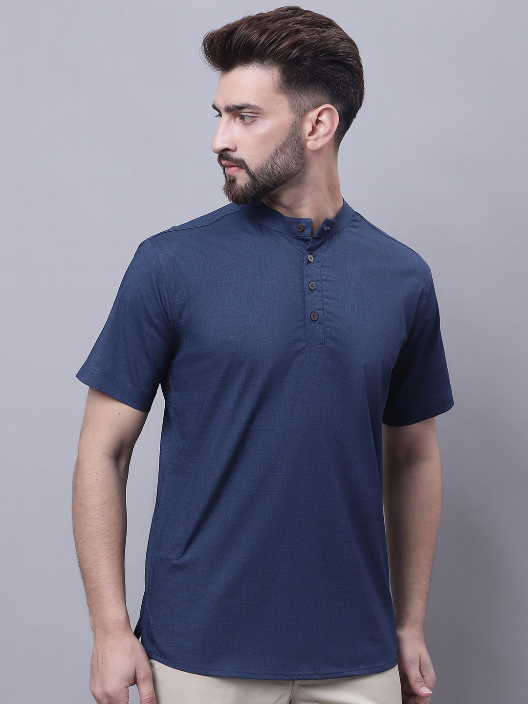 Even Apparels Blue Pure Cotton Short Kurta With Band Collar | Swadesiicart