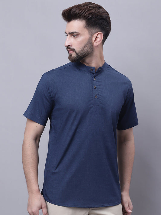 Even Apparels Blue Pure Cotton Short Kurta With Band Collar | Swadesiicart