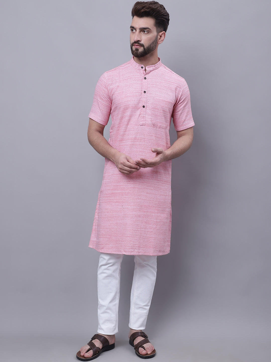 Even Apparels Pink Pure Cotton Short Sleeves Kurta With Band Collar | Swadesiicart