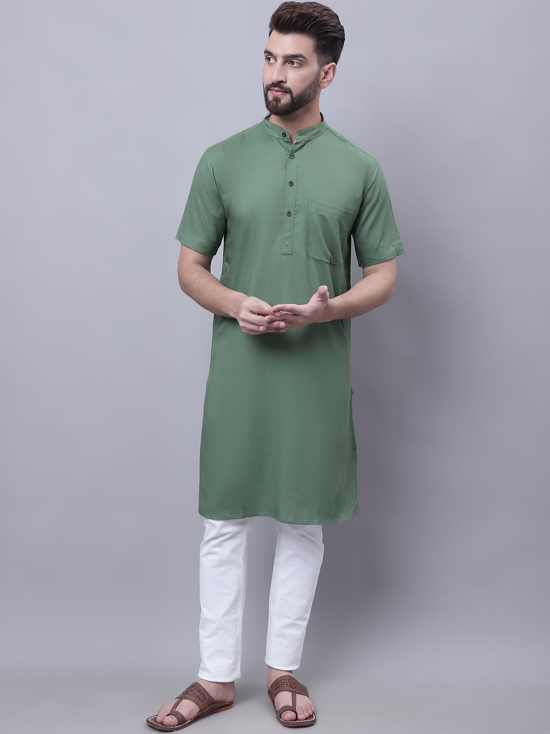 Even Apparels Green Pure Cotton Short Sleeves Kurta With Band Collar | Swadesiicart