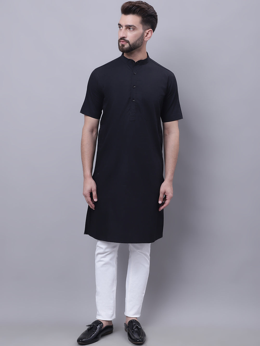 Even Apparels Black Pure Cotton Short Sleeves Kurta With Band Collar | Swadesiicart