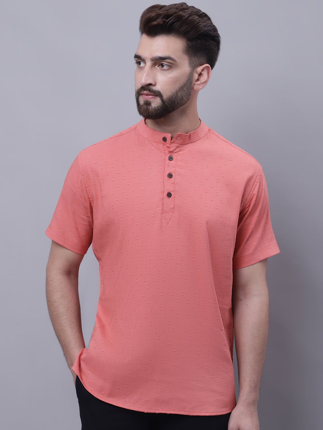 Even Apparels Peach Pure Cotton Short Sleeves Kurta With Band Collar | Swadesiicart