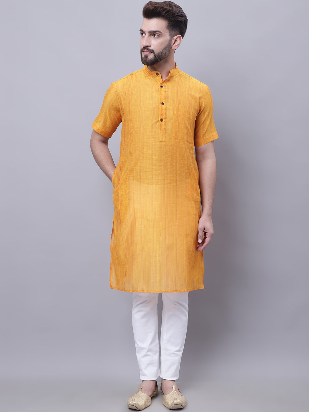 Even Apparels Yellow Pure Cotton Short Sleeves Kurta With Band Collar | Swadesiicart