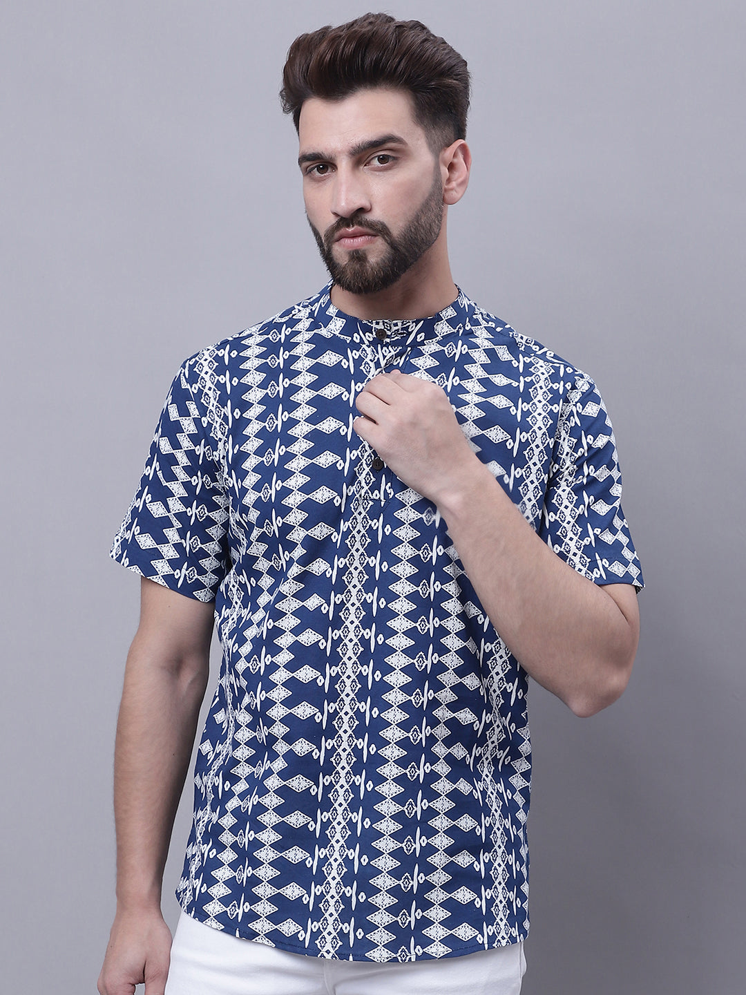 Even Apparels Blue Pure Cotton Short Kurta With Band Collar | Swadesiicart