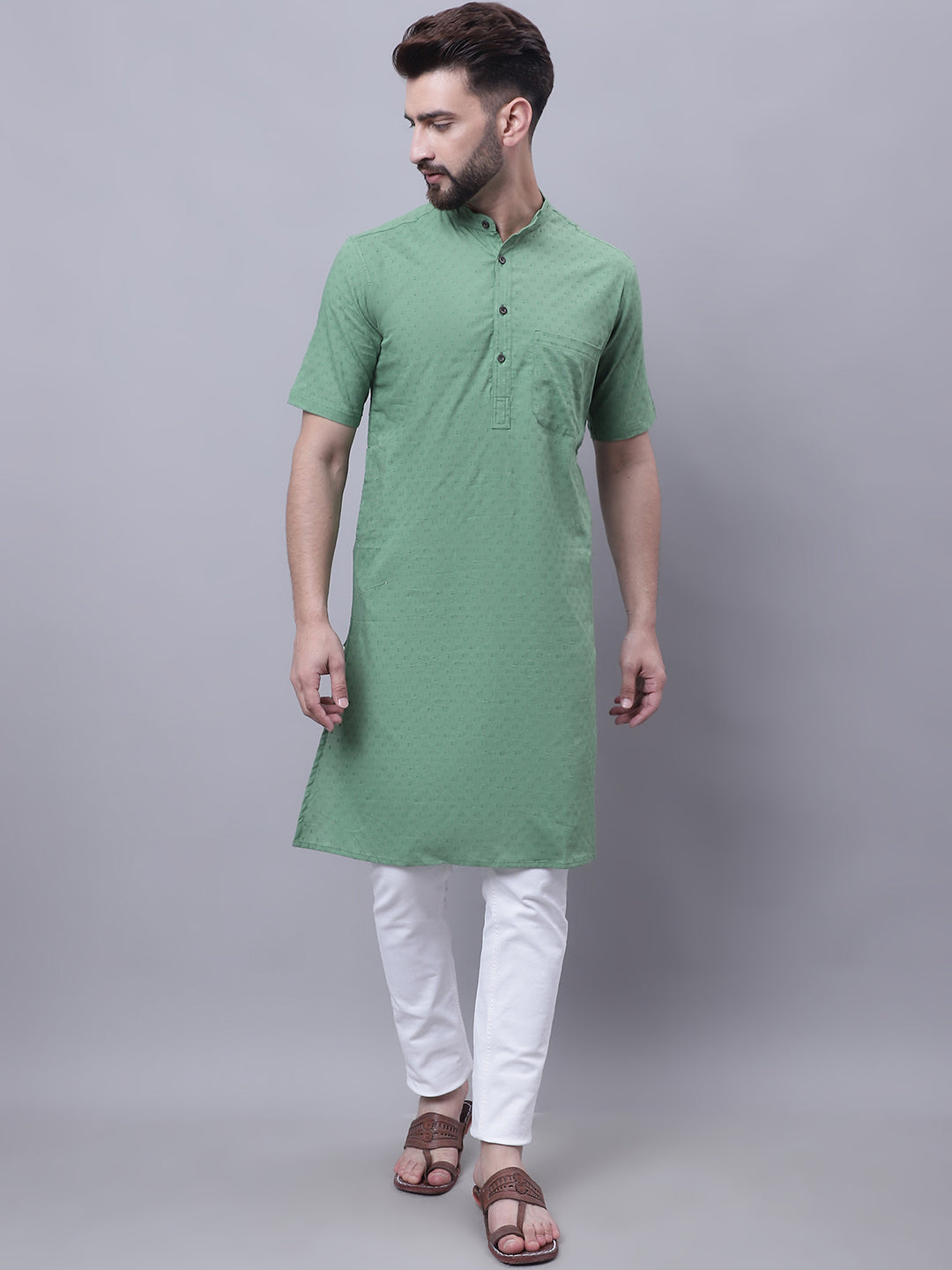 Even Apparels Green Pure Cotton Short Sleeves Kurta With Band Collar | Swadesiicart