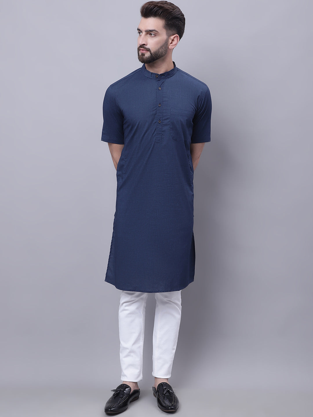 Even Apparels Blue Pure Cotton Short Sleeves Kurta With Band Collar | Swadesiicart