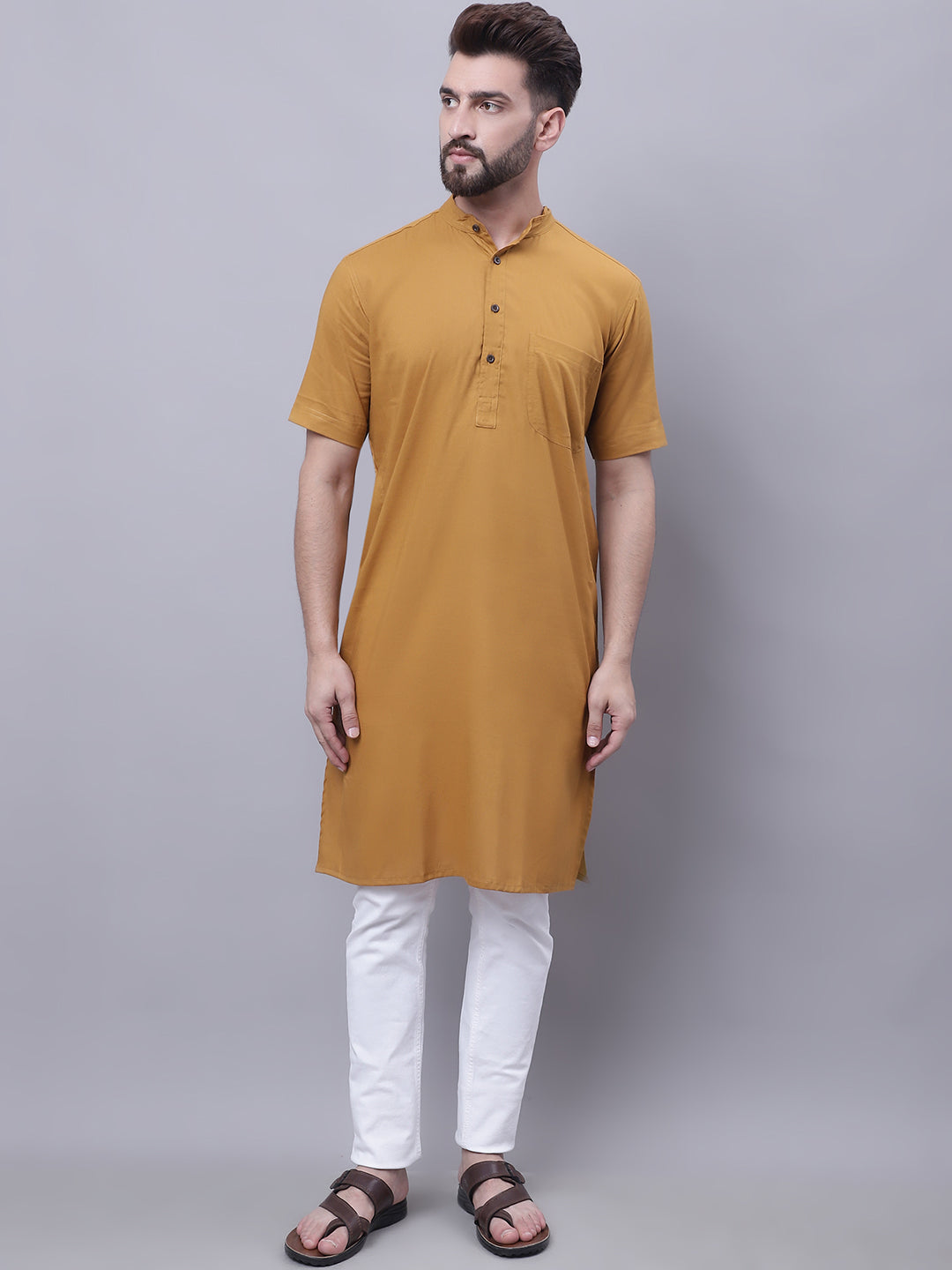 Even Apparels Mustard Pure Cotton Short Sleeves Kurta With Band Collar | Swadesiicart