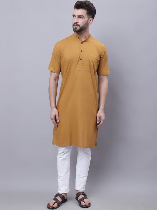 Even Apparels Mustard Pure Cotton Short Sleeves Kurta With Band Collar | Swadesiicart