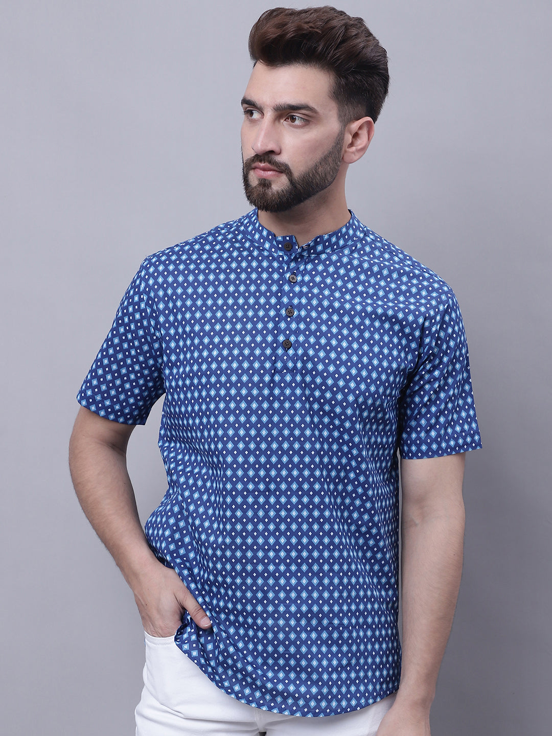 Even Apparels Blue Pure Cotton Short Kurta With Band Collar | Swadesiicart