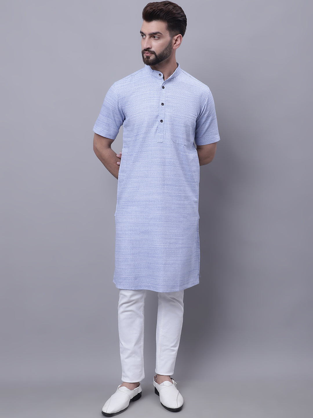 Even Apparels Blue Pure Cotton Short Sleeves Kurta With Band Collar | Swadesiicart