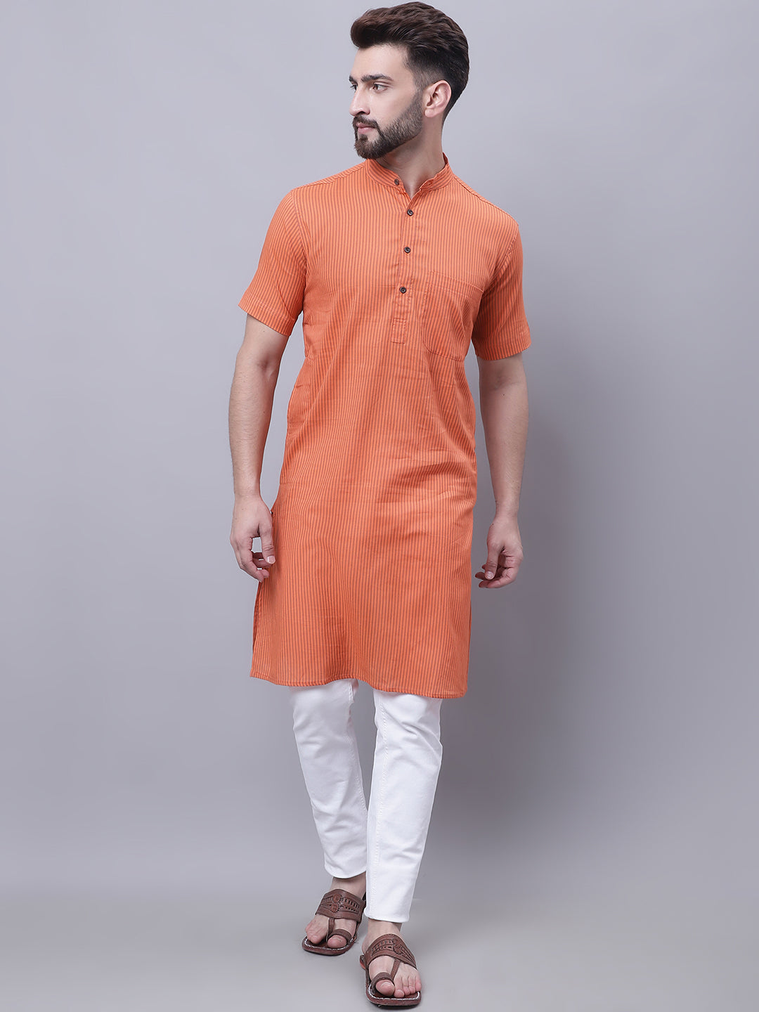 Even Apparels Rust Pure Cotton Short Sleeves Kurta With Band Collar | Swadesiicart