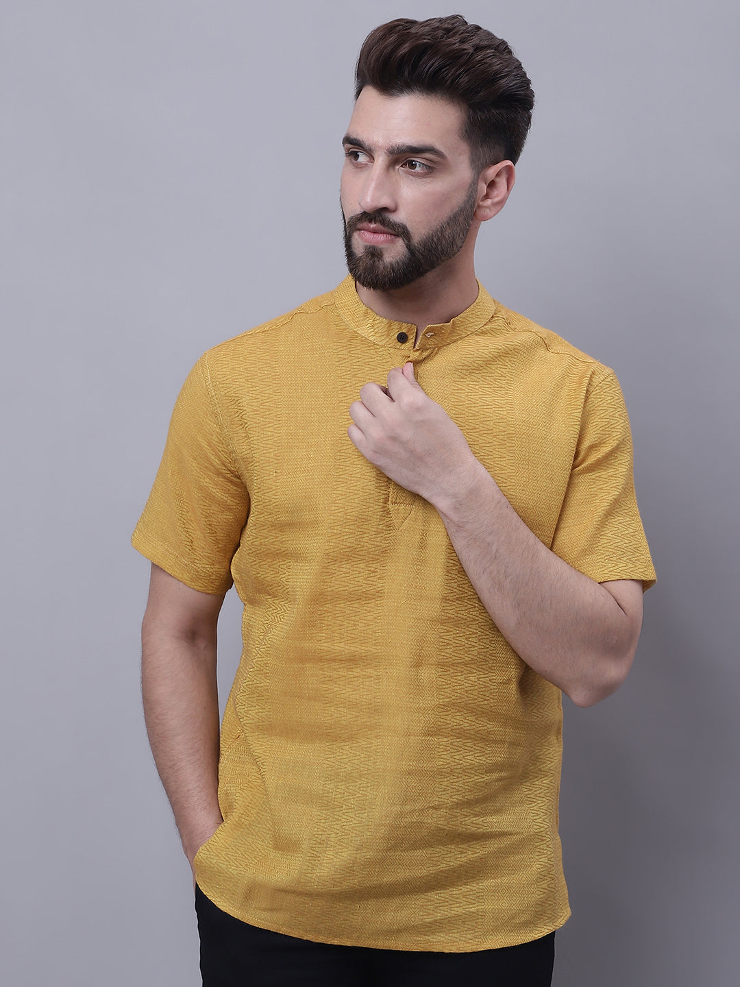 Even Apparels Yellow Pure Cotton Short Sleeves Kurta With Band Collar | Swadesiicart