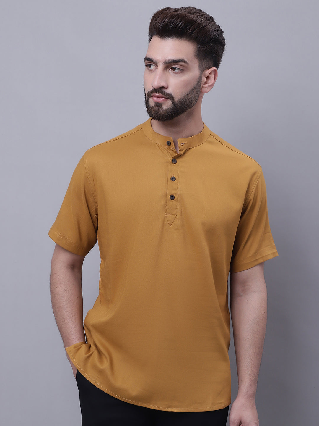 Even Apparels Brown Pure Cotton Short Kurta With Band Collar | Swadesiicart