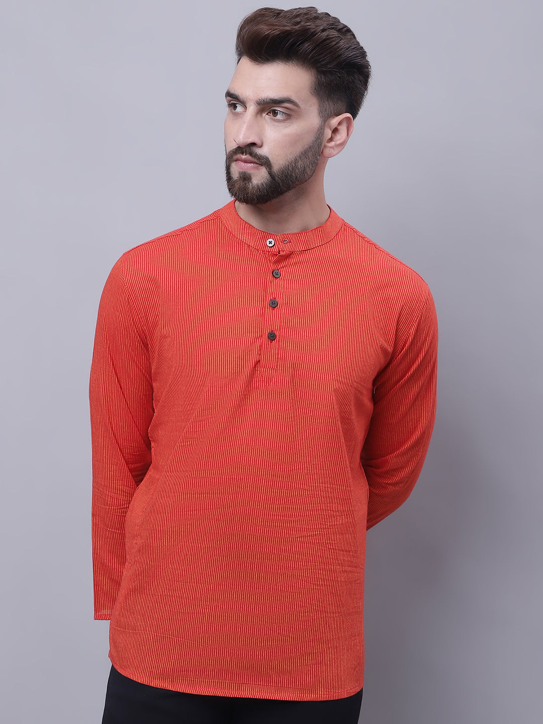 Even Apparels Orange Pure Cotton Short Kurta With Band Collar | Swadesiicart