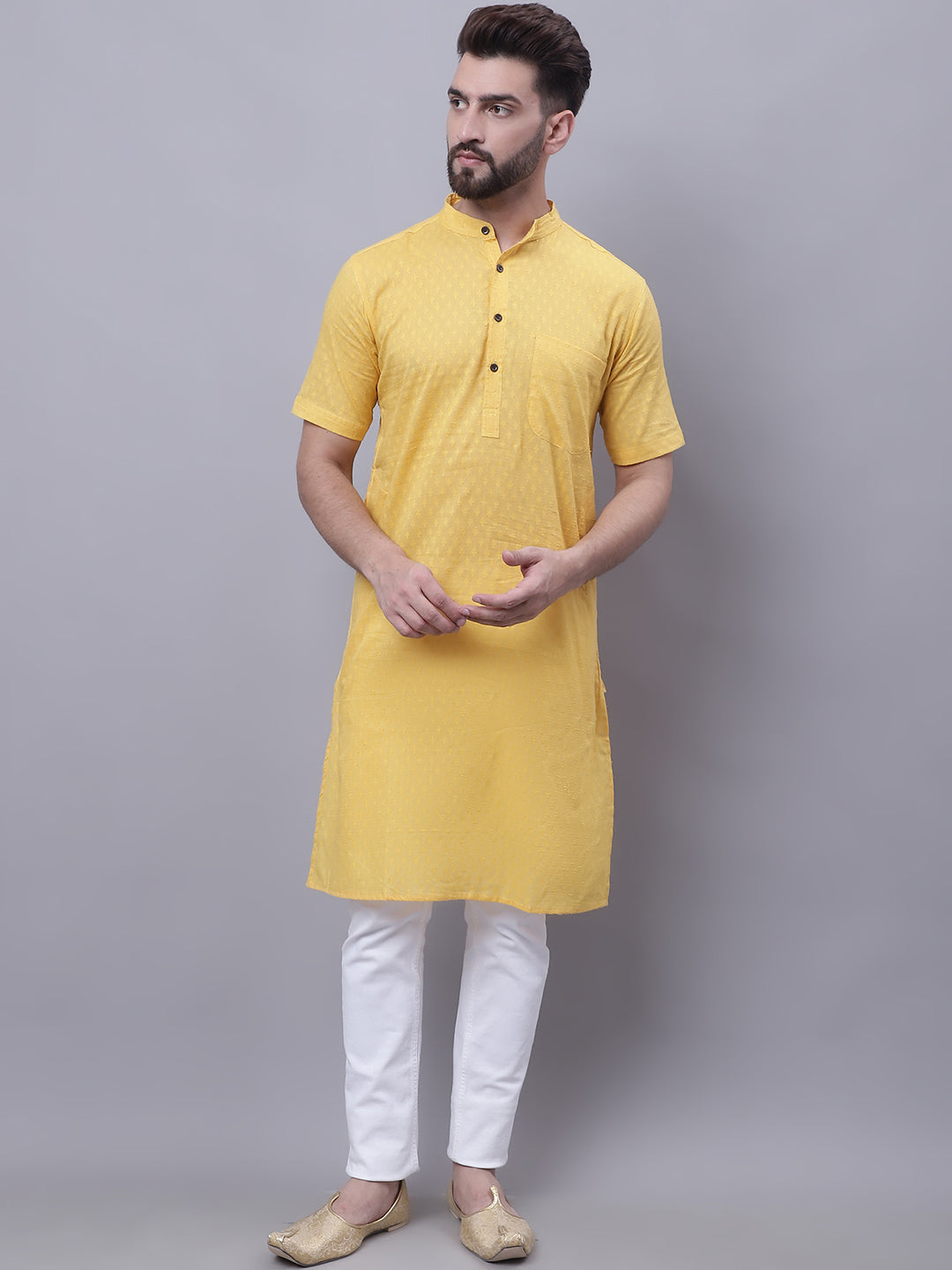 Even Apparels Yellow Pure Cotton Short Sleeves Kurta With Band Collar | Swadesiicart