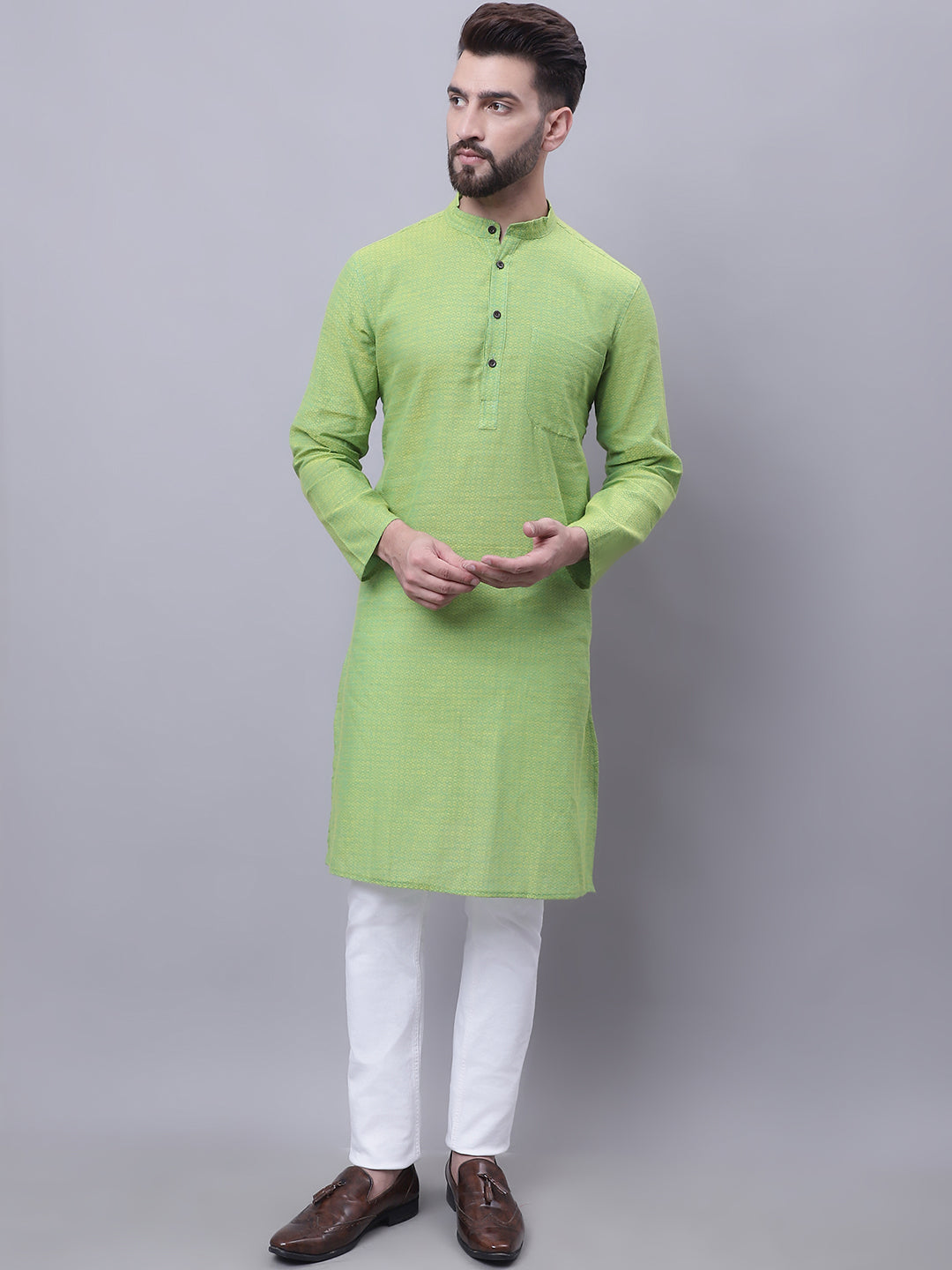 Even Apparels Green Pure Cotton Kurta With Band Collar | Swadesiicart