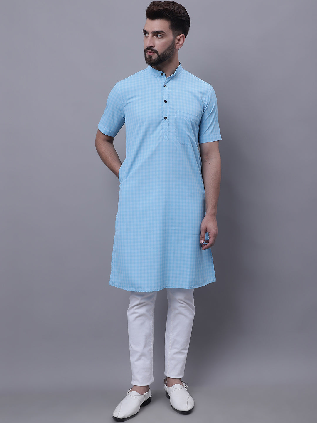 Even Apparels Blue Pure Cotton Short Sleeves Kurta With Band Collar | Swadesiicart