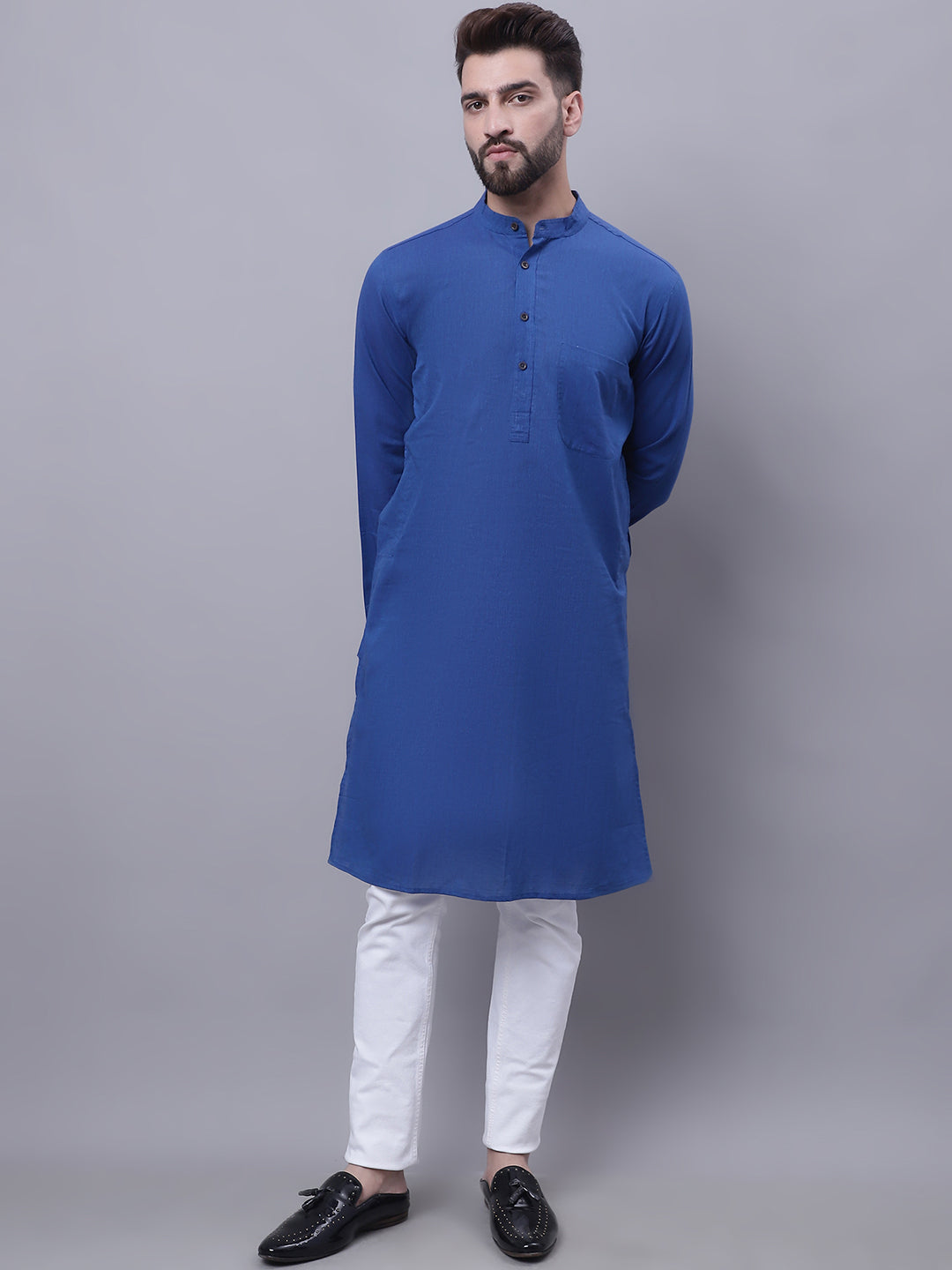 Even Apparels Blue Pure Cotton Kurta With Band Collar | Swadesiicart