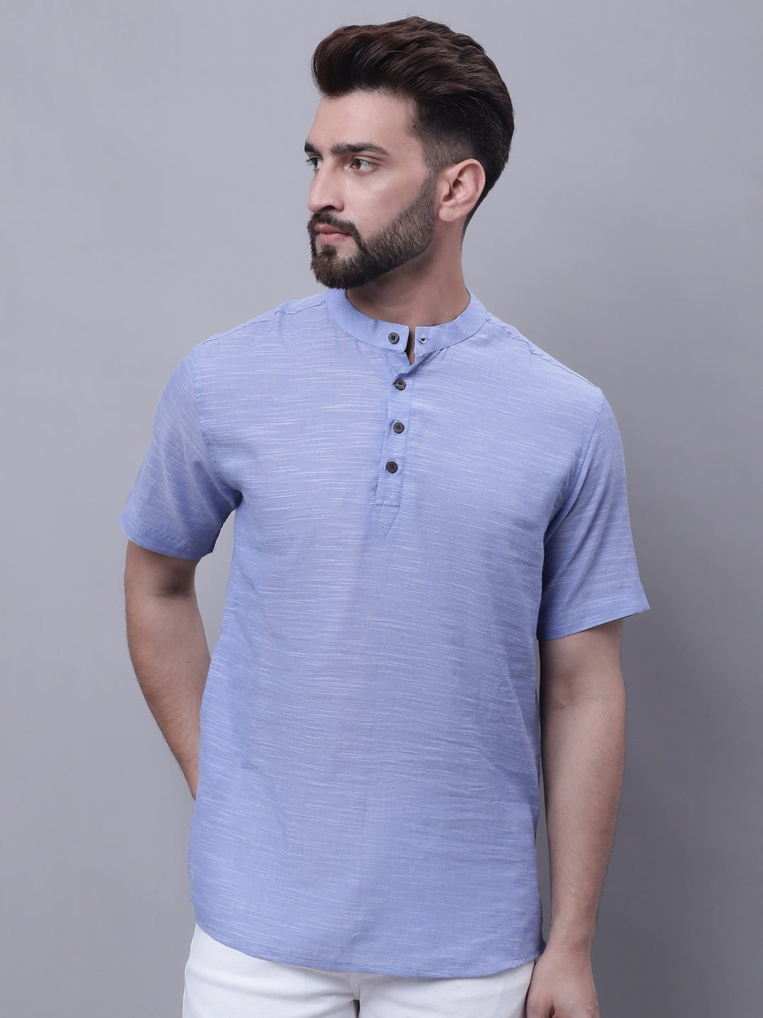 Even Apparels Blue Pure Cotton Short Kurta With Band Collar | Swadesiicart