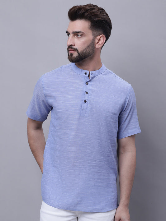 Even Apparels Blue Pure Cotton Short Kurta With Band Collar | Swadesiicart