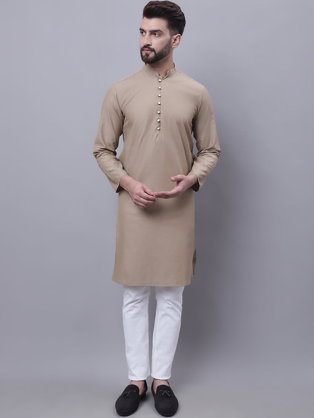 Even Apparels Beige Pure Cotton Kurta With Band Collar | Swadesiicart