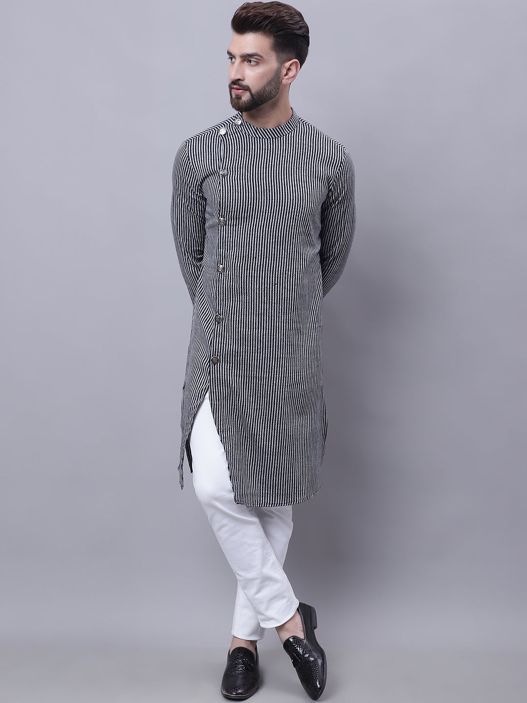 Even Apparels Black Sherwani Kurta With Asymetrical Cut | Swadesiicart