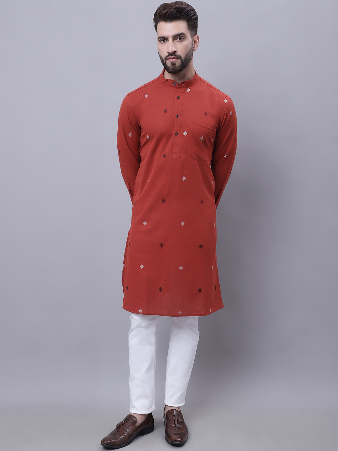 Even Apparels Rust Pure Cotton Kurta With Band Collar | Swadesiicart