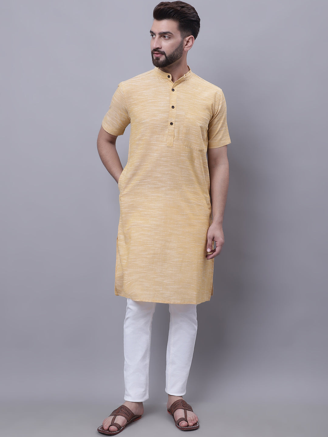 Even Apparels Yellow Pure Cotton Short Sleeves Kurta With Band Collar | Swadesiicart