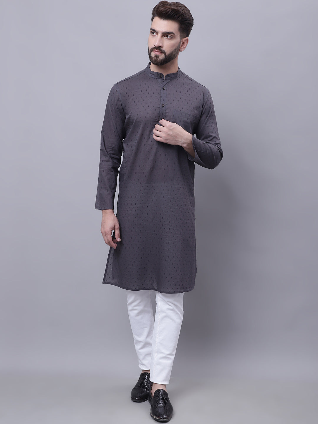 Even Apparels Grey Pure Cotton Kurta With Band Collar | Swadesiicart