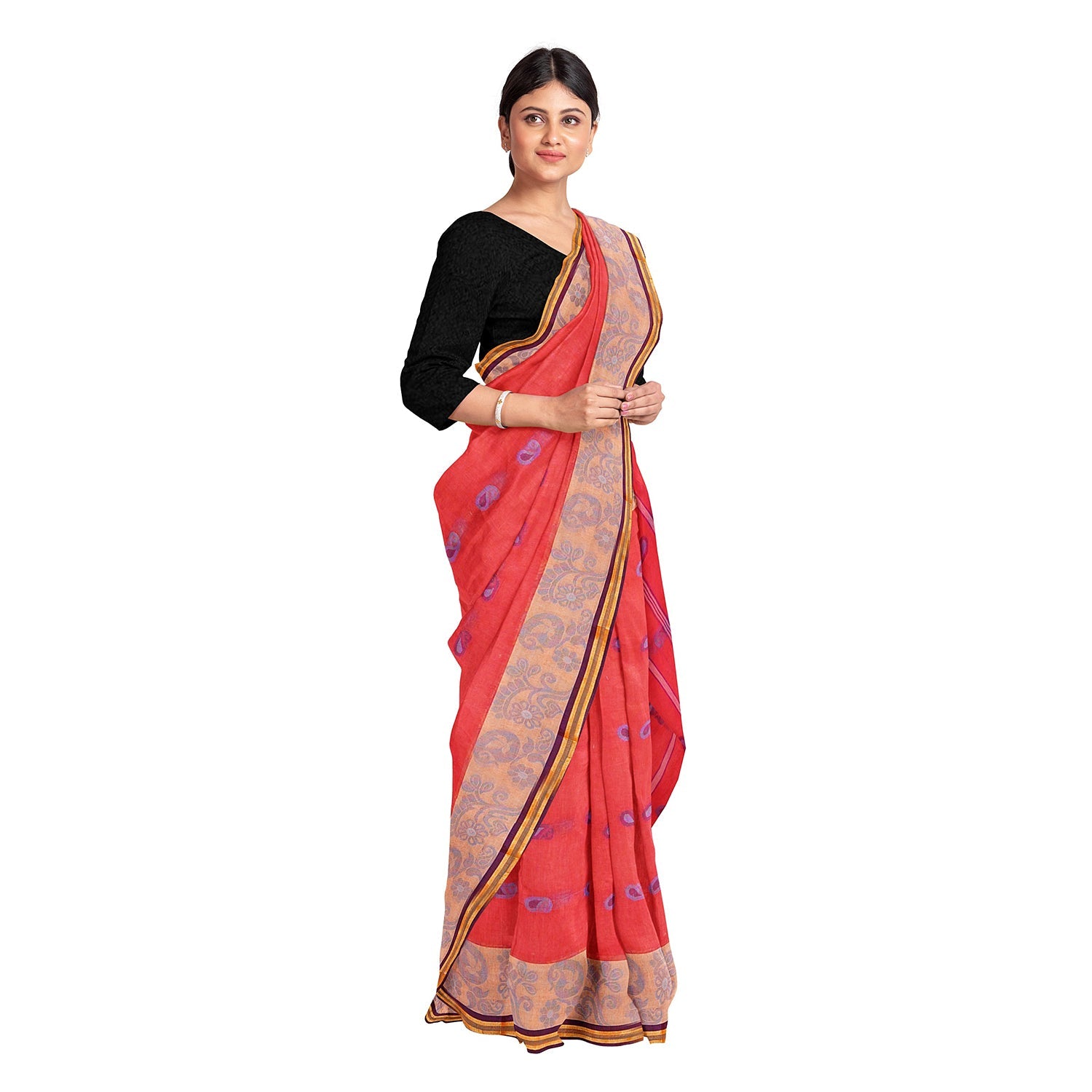 Exclusive Collection 100% Pure Cotton Red Tant Saree With Hand Weaving Work - Swadesiicart