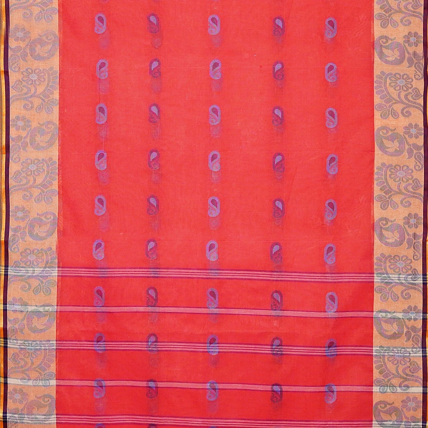 Exclusive Collection 100% Pure Cotton Red Tant Saree With Hand Weaving Work - Swadesiicart