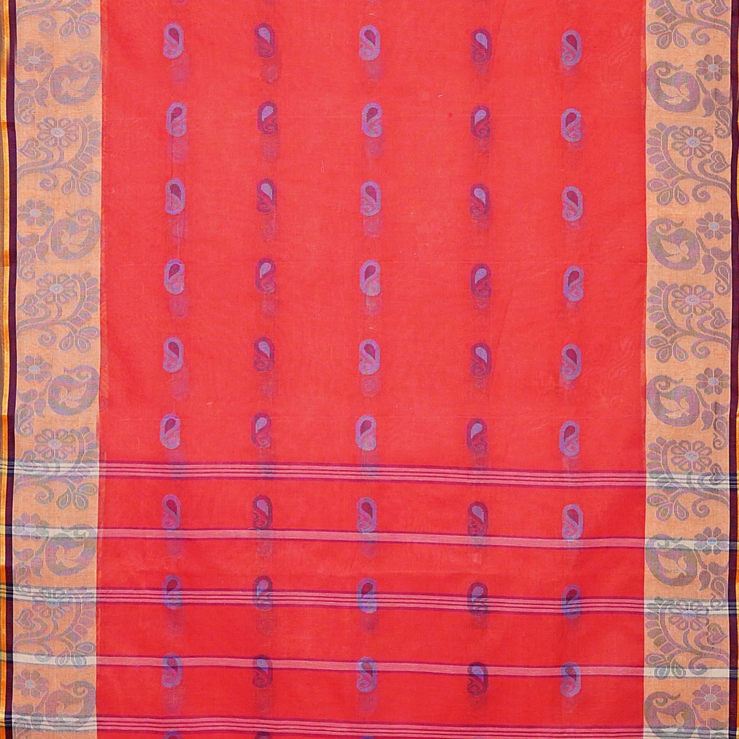 Exclusive Collection 100% Pure Cotton Red Tant Saree With Hand Weaving Work - Swadesiicart