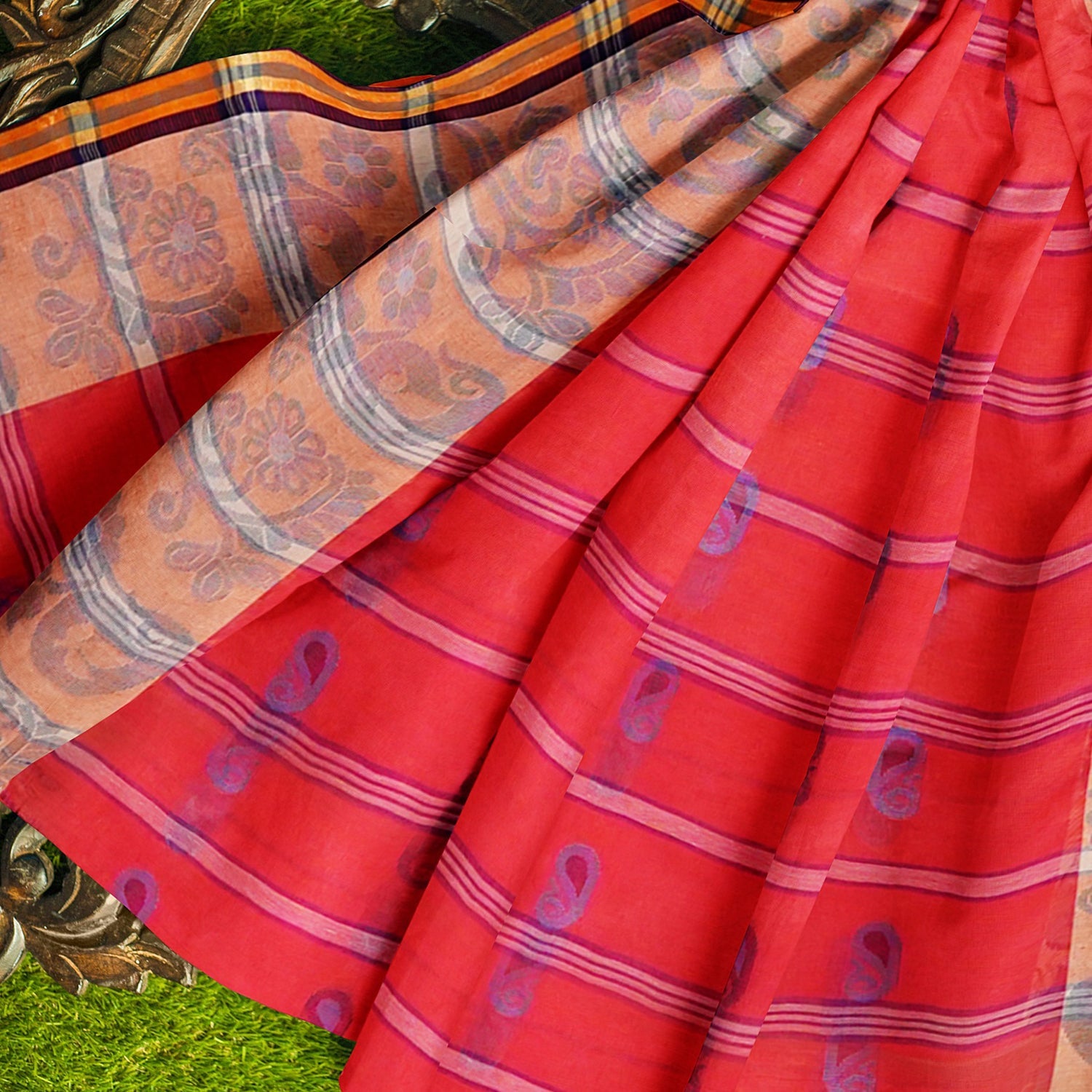 Exclusive Collection 100% Pure Cotton Red Tant Saree With Hand Weaving Work - Swadesiicart
