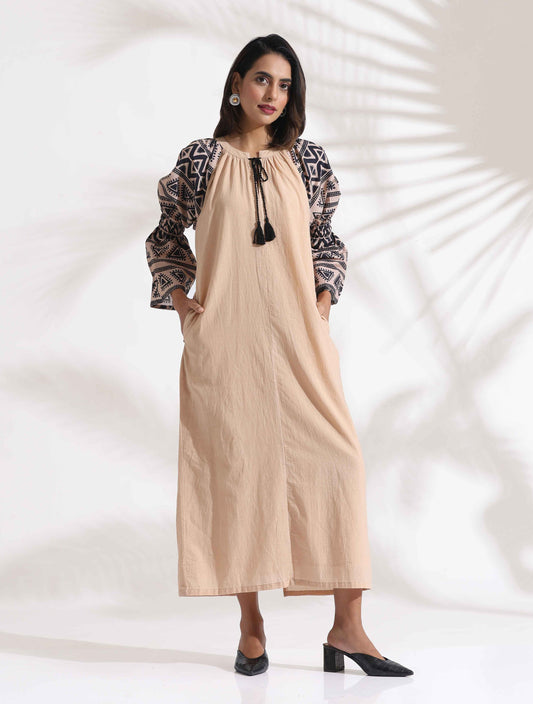 trueBrowns Beige Cotton Print Long Dress | Swadesiicart