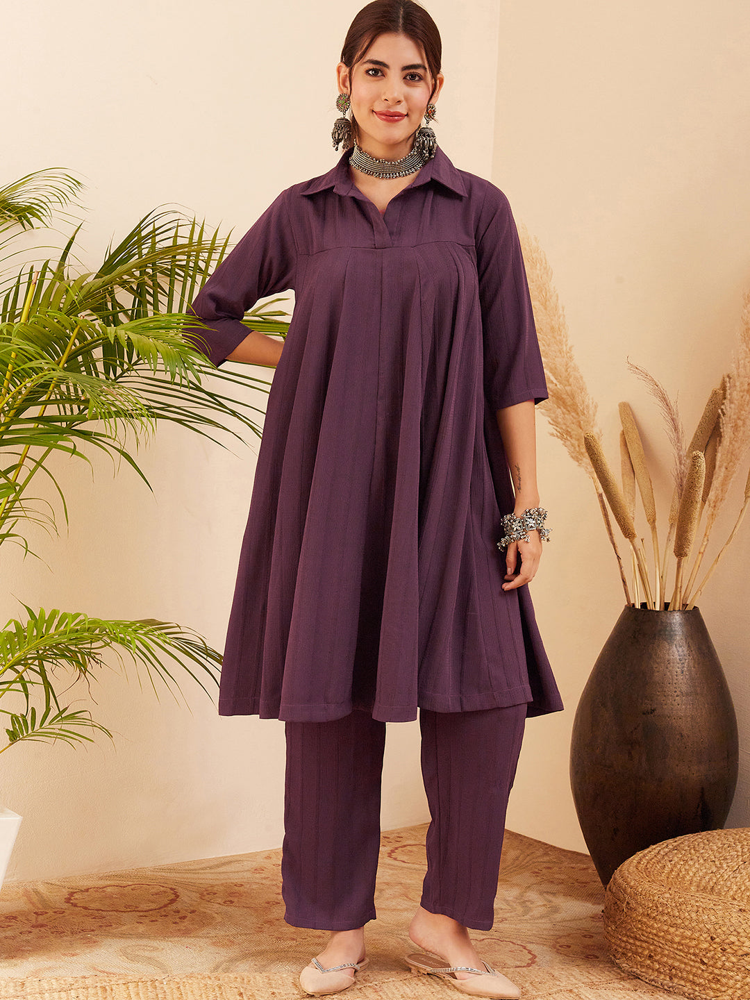 InWeave Women's Graphite Grey Collared Neck Flared Kurta Pant Set - Swadesiicart