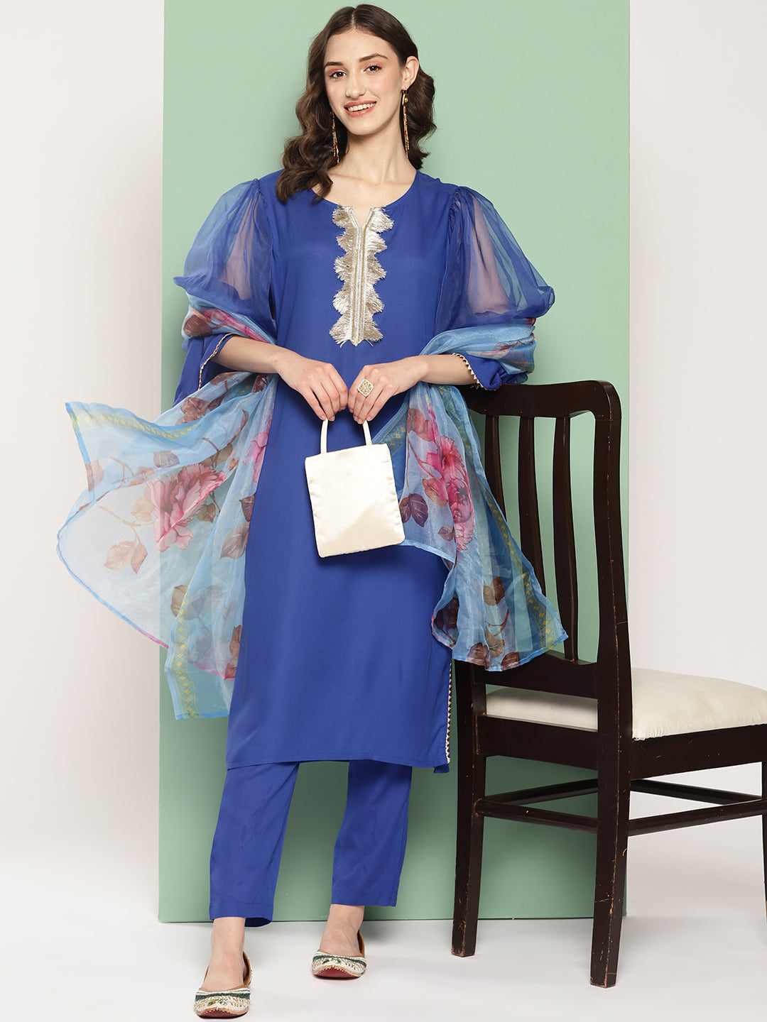 InWeave Women's Ink Blue Organza Sleeve Kurta Set W Blue Fuchsia Or Dupatta - Swadesiicart