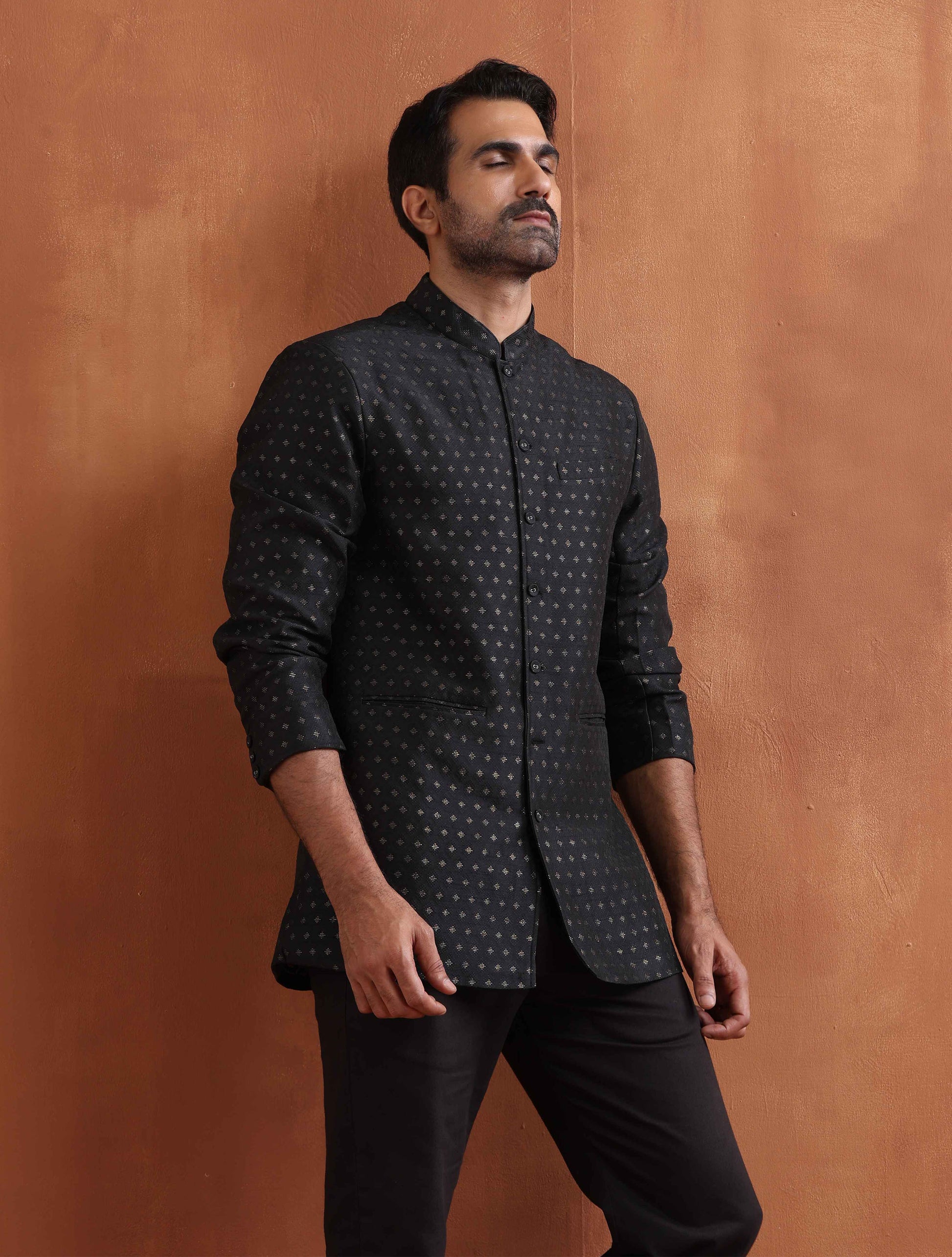 trueBrowns Men's Black Chanderi Long Jacket | Swadesiicart