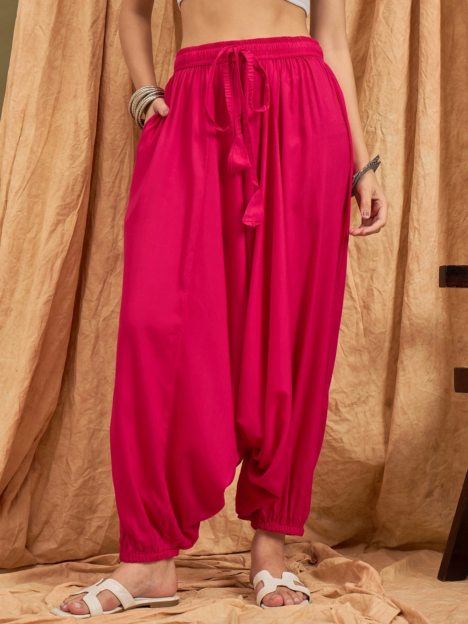 InWeave Fuchsia Solid Harem Pant - Swadesiicart