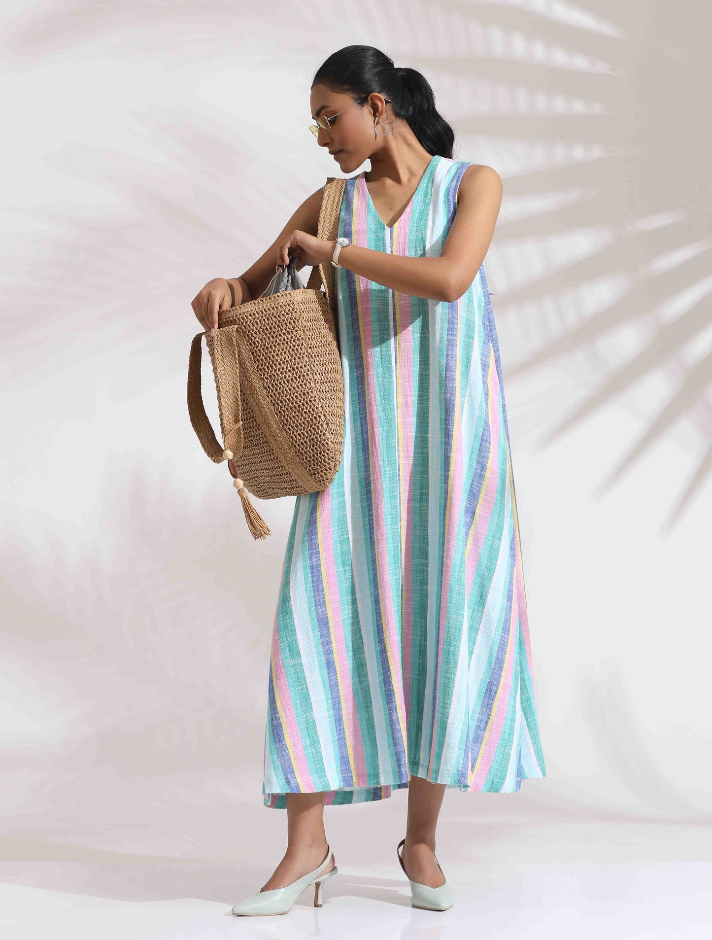 trueBrowns Green Cotton Multi Stripe Flared Dress | Swadesiicart