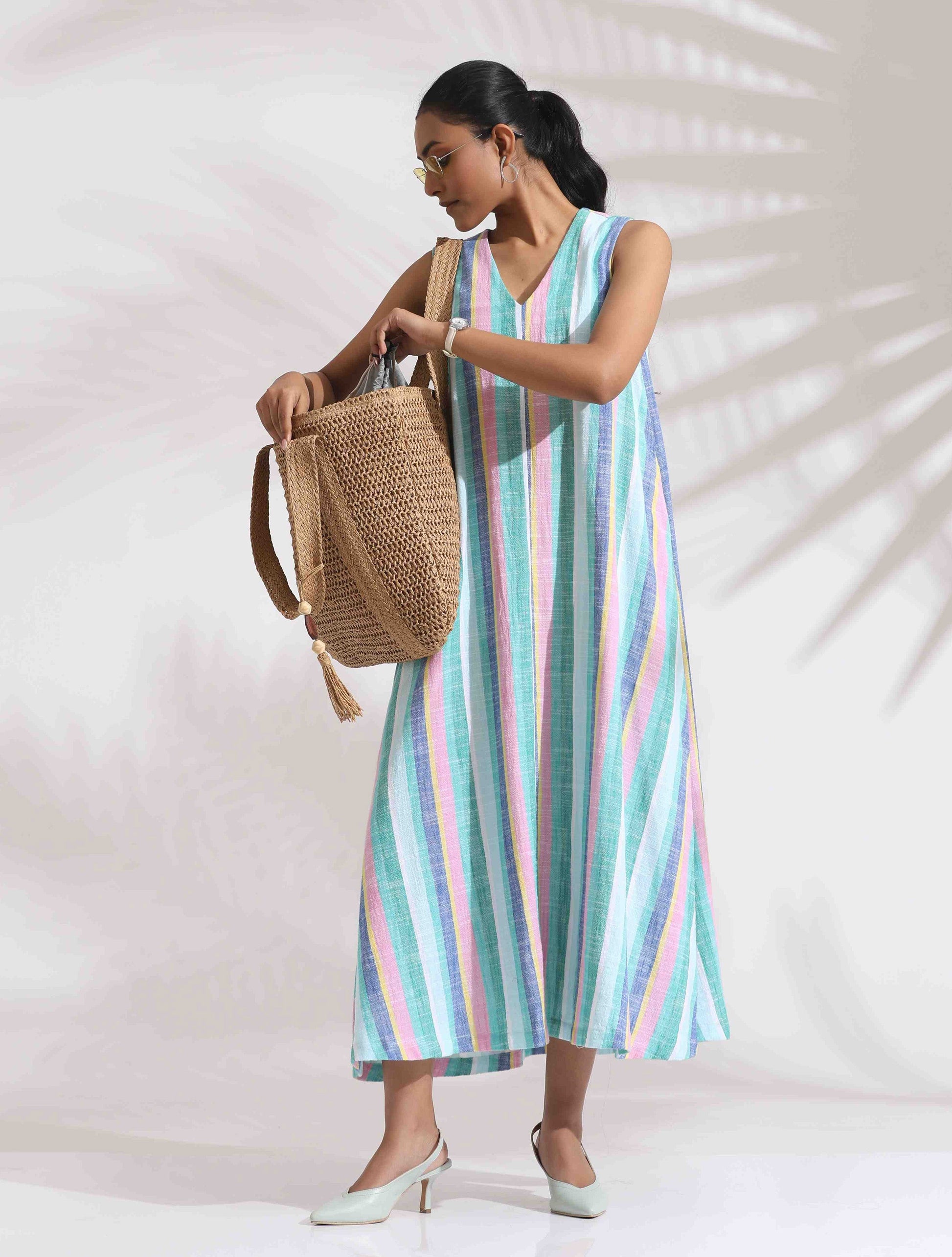 trueBrowns Green Cotton Multi Stripe Flared Dress | Swadesiicart