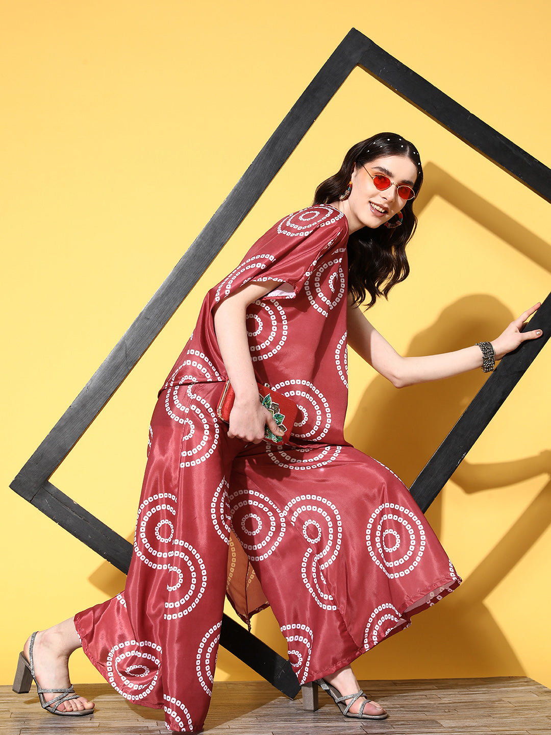 InWeave Women's Maroon Bandhani Motif One Shoulder Palazzo Set - Swadesiicart