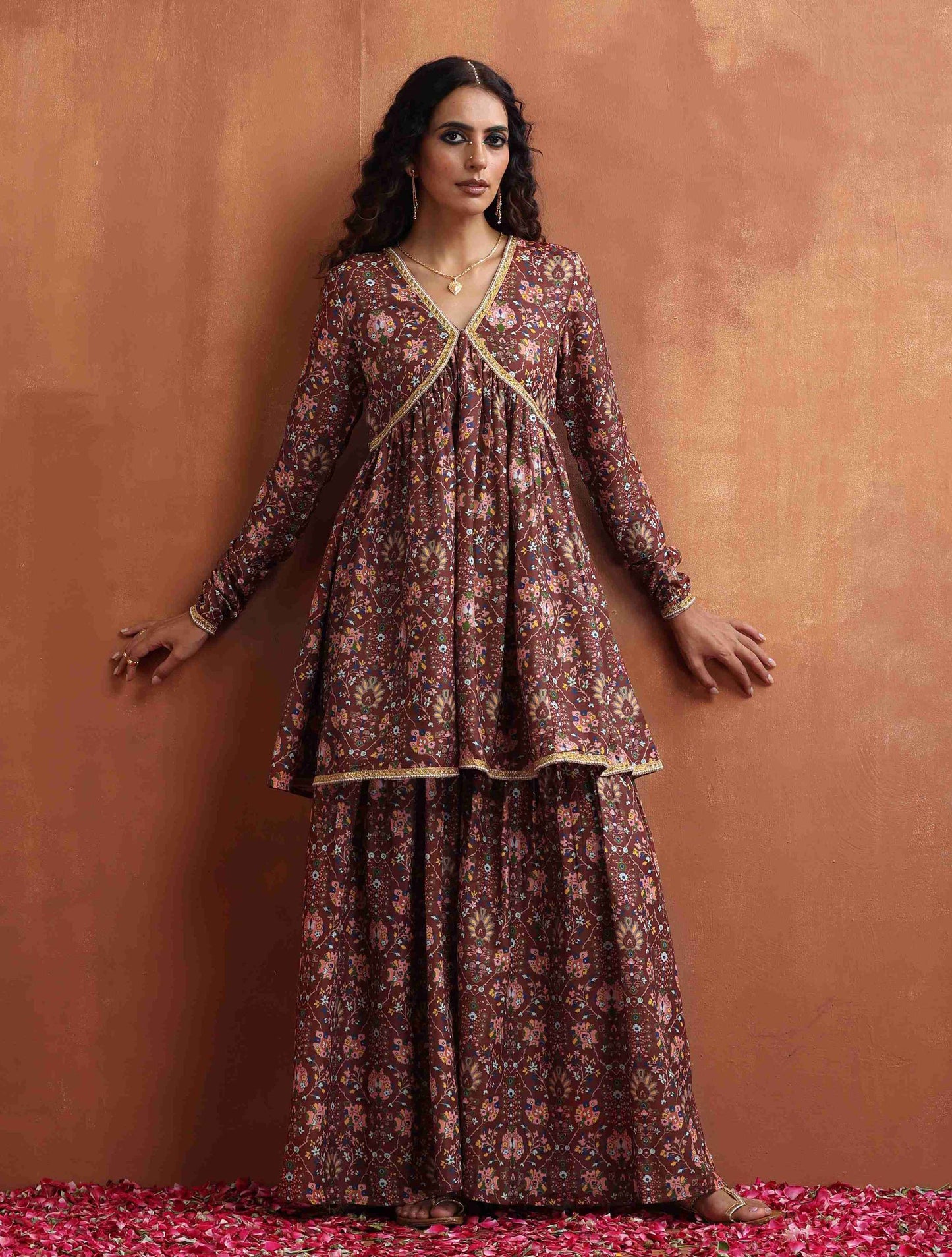 trueBrowns Brown Print Sharara Set | Swadesiicart