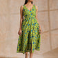 trueBrowns Lime Green Overall Teal Floral Block Print Cotton Sleeveless Wrap Dress | Swadesiicart